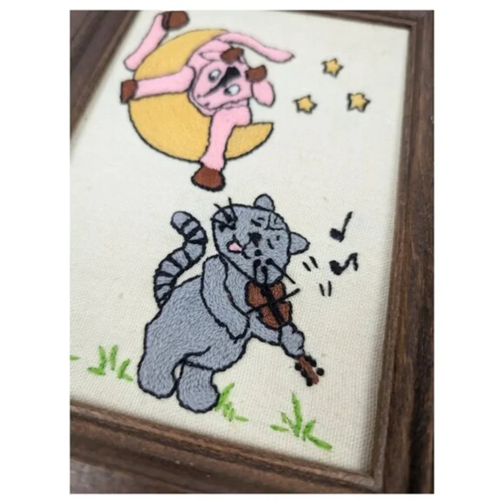 Completed Embroidered Cow Jump Over Moon Fiddle Cat Framed Frame 6x8